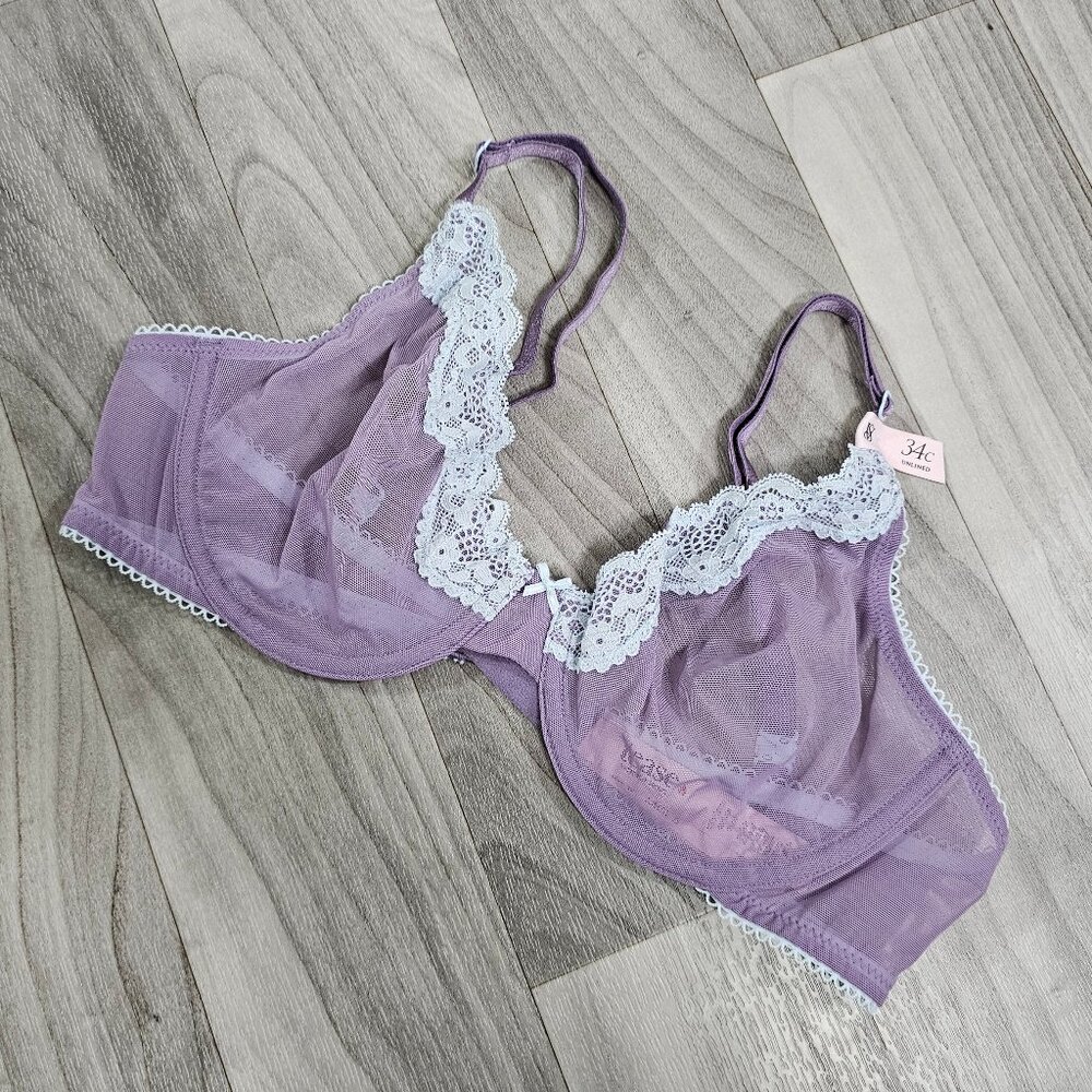 NWT Victoria's Secret Tease Lace-Trim Unlined Demi Bra Icy Purple Size 34C